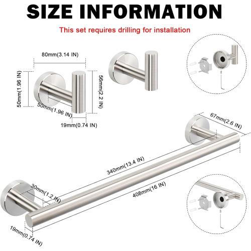 Livabber 3 Pieces Bathroom Accessories Set, 304 Stainless Steel Bath Hardware Kit with 16” Towel Bar   2 Robe Hooks, Wall Mounted Towel Rack for Kitchen, Shower Room (Brushed Nickel)