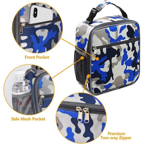 Insulated Lunch Bag, Leakproof Portable Box for Women Men Boys Girls, Large Capacity Cooler Bag with Handle and Bottle Pocket for Office School Camping Hiking Outdoor Beach Picnic (Camo Blue)