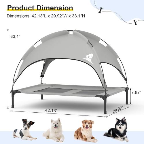 GOJOOASIS Outdoor Dog Bed with Canopy, Waterproof Outside Dog Cots Pet Bed with Removable Canopy Tent, Cat Bed Shelter, Lifted Camping Pet Bed for Medium Dogs (Grey)
