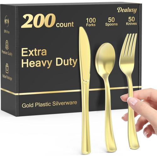200 Count Heavy Duty Gold Plastic Silverware, 100 Forks, 50 Spoons, 50 Knives, BPA-Free, Heat Resistant, Disposable Plastic Utensils Set Cutlery Set, Plasticware Bulk