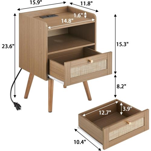 MECHYIN Night Stand Set 2, Nightstands Set of 2 with Charging Station, Rattan Side Tables with Solid Wood Legs, Boho Bedside End Table for Farmhouse Bedroom Dorm Small Space - Brown