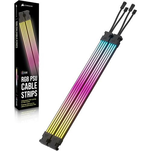 CORSAIR iCUE ARGB PSU Cable Strips – 2X 200mm LED Strips – 100 RGB LEDs Per Strip – Fits Any PSU Cable – Motherboard 5V ARGB Control – Black