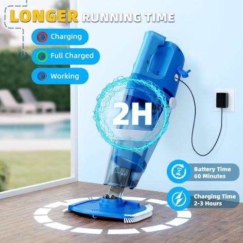 Cordless Pool Vacuum Above & Inground Pools, Powerful 1590 GPH Suction,Handheld Telescopic Pole up to 85.45, 1H Runtime, 2L Debris Bin, Rechargeable Pool Cleaner for Spas & Hot Tubs