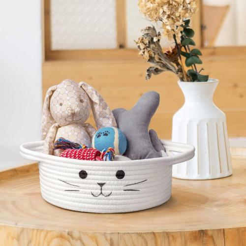 HiChen Small Woven Basket, Cute Cat Toy Basket for Living Room, Decorative Nursery Bin for Toys, Diapers, Empty Gift Baskets for Baby, White, 9.8 x 4 inches