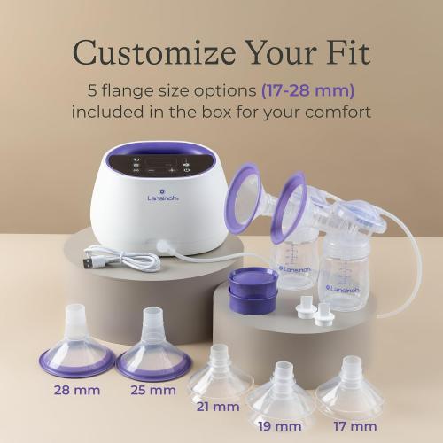 Lansinoh NaturalWave Double Electric Breast Pump White/Purple | Hospital-Grade Suction with 12 Levels, 5 Flange Sizes & Baby-Mimicking Motion | Breastfeeding Essentials for Pumping Moms
