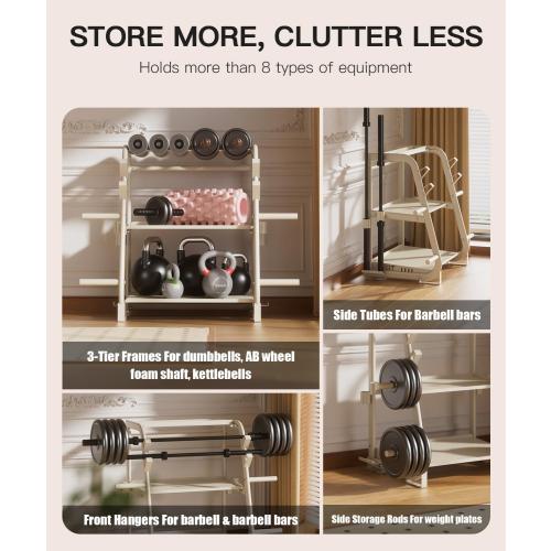 3-Tier Dumbbell Rack Stand Only - 700LB Heavy Duty Weight Storage Organizer with Thickened Steel Tube, Adjustable Weight Stand for Dumbbells, Barbells, Kettlebells, Black/Beige
