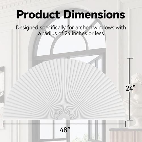 Size 24x48 Color White Half Circle Window Shade Arch Window Cellular Blackout Shades Cordless for Half Moon Window Shade no Drill Honeycomb Blackout Blinds Easy to Cut and Install (White 24 X 48)