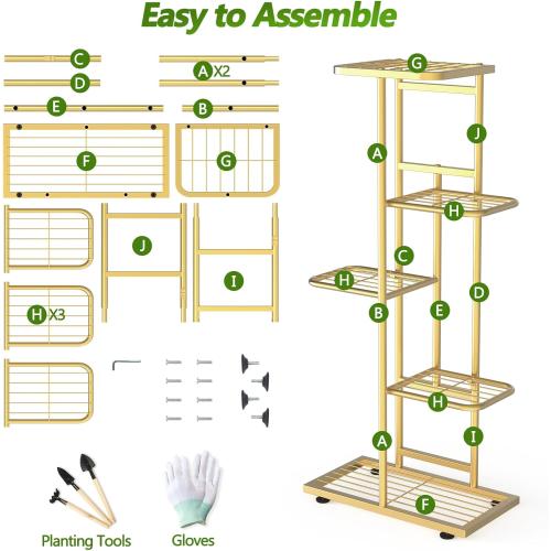 5 Tier 6 Potted Gold Plant Stand Indoor Outdoor with Gardening Tools and Gloves, Upgraded Corner Metal Plant Rack Units Shelf for Multiple Plants, Flower Pot Holder Display for Patio, Balcony, Living