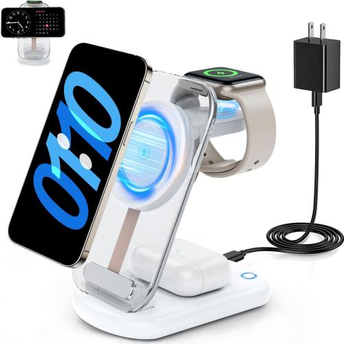 RYND 2026 Traveling Wireless Mag-Safe Fast Charging Station | Magnetic 3 in 1 Charger with Light for iPhone 17 16 15 14 13 12 Pro Max Plus,Apple Watch& Air pods 4 3 2 Pro(White)