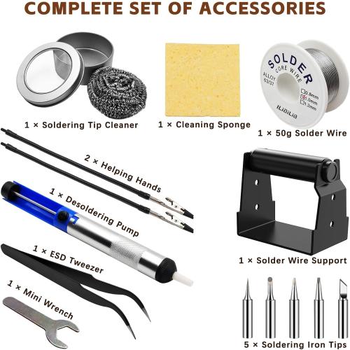 HX46 60W Digital Display Soldering Iron Station Kit with 2 Helping Hands, 5 Extra Iron Tips, Solder Wire, Solder Sucker, ESD Tweezer, °C/ºF Conversion, Auto Sleep & Calibration Support