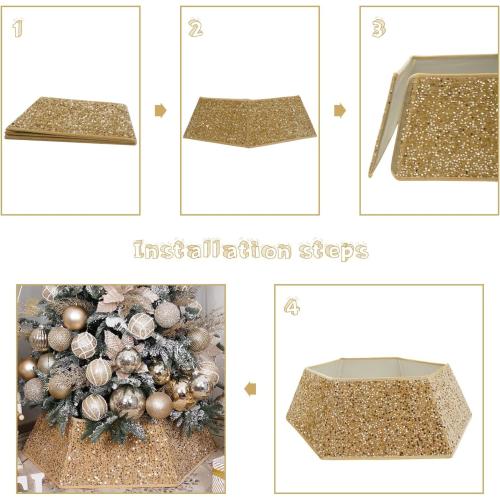 Champagne Gold Christmas Tree Collar with Sparkling Sequins,Christmas Tree Collars for Atificial Trees, 33.5 Inch Christmas Tree Skirt, Xmas Tree Stand Base Cover,Holiday Home Decor Tree Ring(Large)