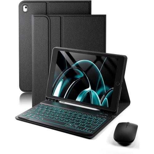 TUNKARMOR for iPad 9th / 8th / 7th Generation 10.2 inch & iPad Air 3rd Gen & iPad Pro 10.5 inch Case with Keyboard 7 Color Backlit - Built in Pencil Holder with Mouse (Black)
