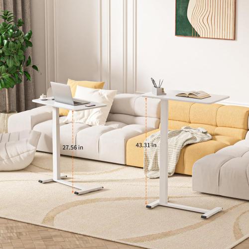 Ywin Adjustable Height Side Table, Adjustable Bedside Table with Wheels, Overbed Bedside Table, Pneumatic Moveable Bed Desk, Rolling Hospital Bed Table(White)