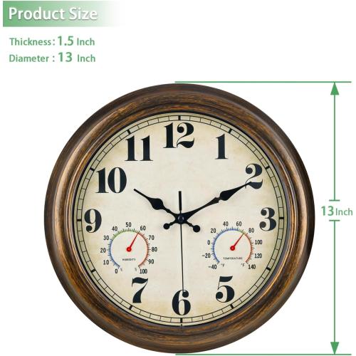 45MinST 13-Inch Vintage Outdoor Wall Clock with Thermometer and Hygrometer, Waterproof, Large Numbers, Silent, for Indoor and Outside Use,Porch,Garden,Pool(Bronze)