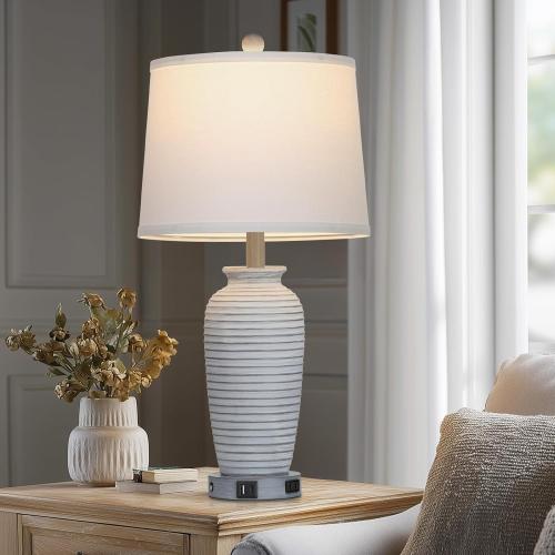CINSARY 25 Vintage Farmhouse Jar Table Lamps, Single Rustic Bedside Lamp with USB A C Ports & AC Outlet, Nightstand Lamps for Living Room, Bedroom, End Table, Grey White(LED Bulb Included)