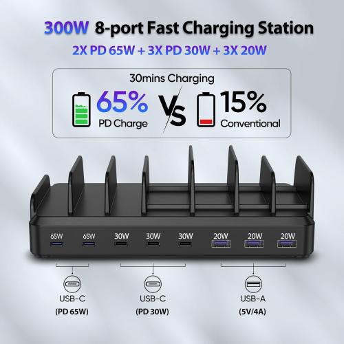 300W Charging Station for Multiple Devices, 8 Port Multi USB C Fast Charger Station Dock for MacBook iPhone 17/16/15/14/13/12 Samsung Pixel Series iPad, Black (6 Mixed Short Cables Included)