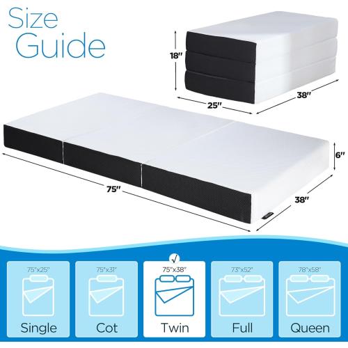 75x38x6 Tri-Fold Memory Foam Mattress, 6 inch Twin Tri-Folding Memory Form Mattress, Collapsible and Washable Cover, Travel and Guest Mat,75x38x6