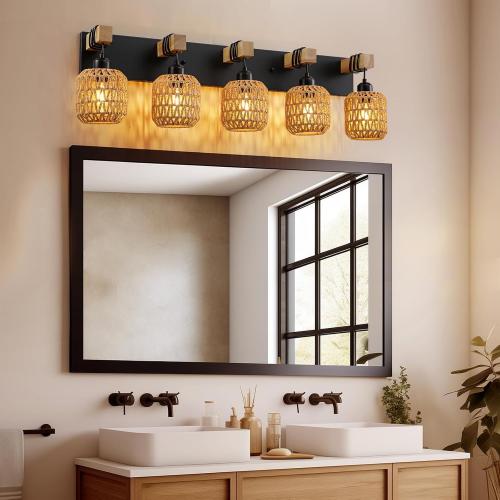 5 Light Bathroom Vanity Light Fixtures, Rustic Style Wood Bathroom Wall Sconce, with Boho Wicker Lampshade, Rattan Black Farmhouse Wall Sconce for Bedroom, Hallway, and Living Room