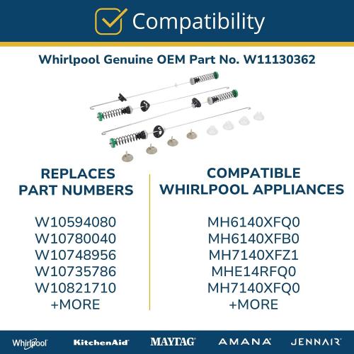 Whirlpool W11130362 OEM Top Load Washer Suspension Rod Kit Part Replaces W10594080, W10735786, W10748956, W10780040, and More