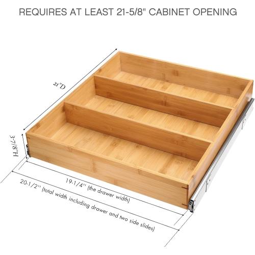 Pull Out Cabinet Drawer Organizer, Sliding Bamboo Wood Storage Rack Organization, Gliding Cupboard Shelf for Kitchen, Pantry, Slide Out Spice Rack Container Lid Organizer with Dividers, 20.5''W x