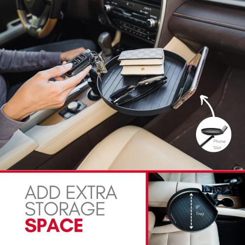 Black 9 Macally Cup Holder Tray for Car - Adjustable Car Tray Table - Perfect Car Food Tray for Eating with Phone Slot and Swivel Arm - Car Organizer