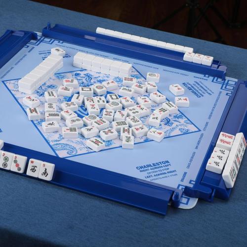 4 Pcs 18.7 Inch Dark Blue Acrylic Mahjong Tile Racks with Pushers for Game Night American Mahjong Racks Tile Set for Mah Jong Lovers and Beginners