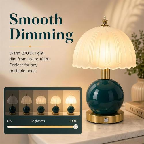 Vintage Ceramic Table Lamp, 12 Cordless Rechargeable Bedside Lamp with Stepless Touch Dimming, Emerald Green Modern Desk Light for Living Room, Bedroom, and Office Decor