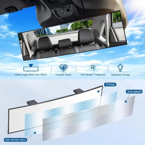 Panoramic Car Rear View Mirrors, Universal Convex Rearview Mirror Extender, Chrome Anti-glare Clip Wide Angle Mirror Reduce Blind Spot Interior Accessories for Car, Truck, SUV, RV(12 Inch)