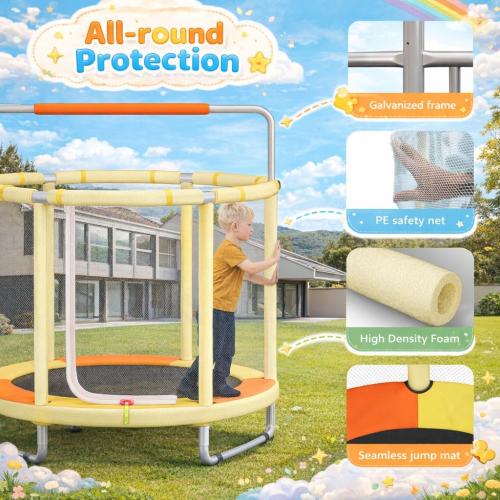 55 Trampoline for Kids with Enclosure, 4-in-1 Toddler Trampoline Indoor Outdoor, 440lbs Capacity Upgrade Trampolines with Adjustable Gymnastics Bar & Toys, for Boys & Girls, Easy to Assemble