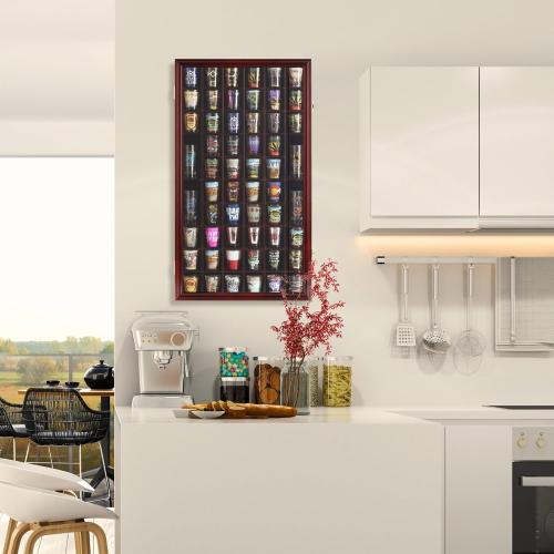 Shot Glass Display Case Cabinet Wall Rack Holder Shadow Box Lockable with UV Protection Acrylic Glass Door Shot Glass Collection Display with 56 Slots (Cherry Finish)