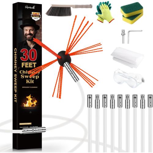 30 Feet Chimney Sweep Kit, Chrome Button Locking System, Chimney Cleaning Kit, Chimney Brush, Chimney Cleaning Tool, Chimney Cleaning System with 9 Flexible Chimney Rods