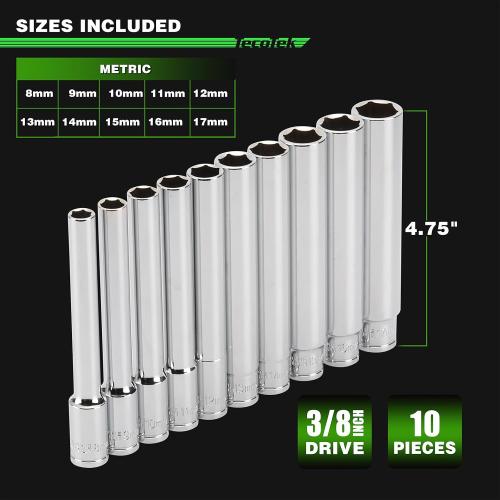 TecoTek 10PCS 3/8-Inch Drive Extra Deep Metric Socket Set, 6 Point, 8mm to 17mm, No Skipped Sizes, 120MM Deep CR-V Socket for Automotive and Industrial Applications