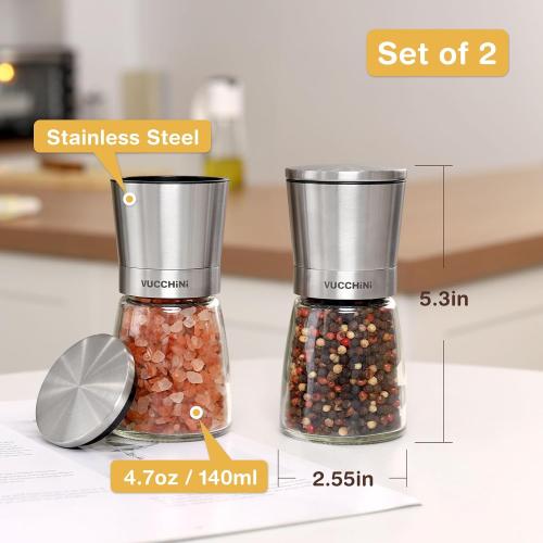 VUCCHINI Salt and Pepper Grinder Set - Adjustable Stainless Steel Spice Ceramic Grinders Mill Shaker for Kitchen Table - Stainless Steel color