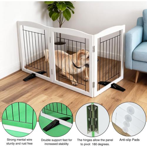 ZJSF Freestanding Dog Fence Indoor, Foldable Dog Gate for Doorways, Stairs or Hallways, Sturdy Wood Extra Wide Pet Gate with Support Feet for The House, White, 24 Height-3 Panels