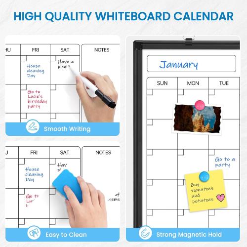 Whiteboard Calendar 36x24 Magnetic Dry Erase Board for Wall, Black | Monthly Calendar, Magnetic Wall Mount Hanging Board, Office Home School, Easy Clean Aluminum Frame, Complete Accessories Kit