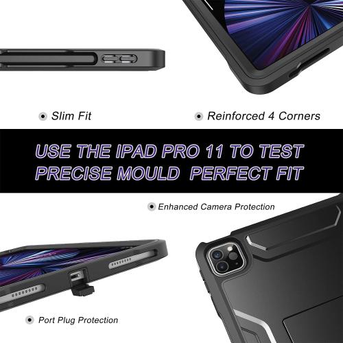 Soke Case for iPad Pro 11 Inch 2022/2021/2020/2018/iPad Air 5th/4th Generation,Built-in Screen Protector - Support 2nd Apple Pencil Charging - Heavy Duty Rugged Protective Kickstand Case - Black