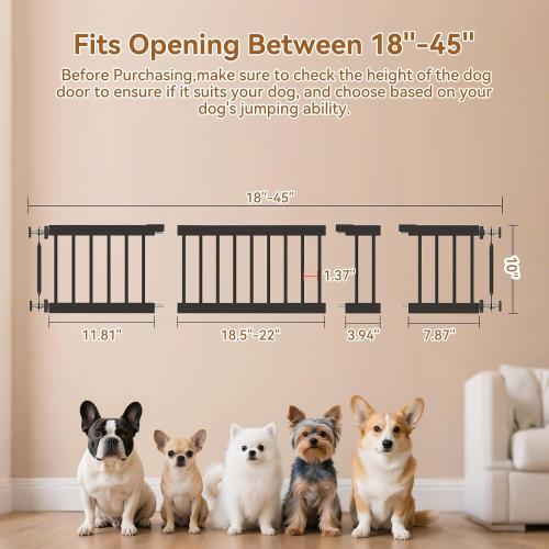 Short Dog Gate,18-45 Adjustable Extra Wide Metal Dog Gate to Step Over, 10 Tall Small Pet Gate with 3 Extension Kits for Doorway、Stair.