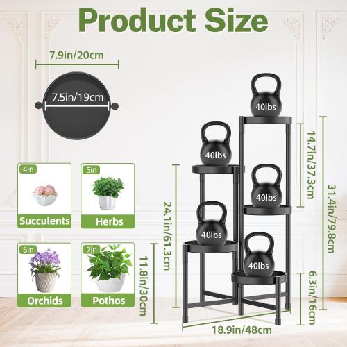 iDavosic.ly Plant Stand Indoor Outdoor, 5 Tier Corner Metal Flower Display Holder Shelf, Easy Assembly Folding Tall Orchid Rack for Patio Balcony Porch Garden Living Room House, Black