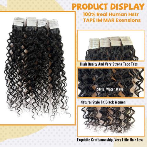 Water Wave Tape in Hair Extensions Human Hair for Black Women, Tape ins 100% Real Human Hair Extensions Double Sided 24Inch Black Tape on Human Hair Skin Weft Wavy Human Hair Extensions 50G 20PCS
