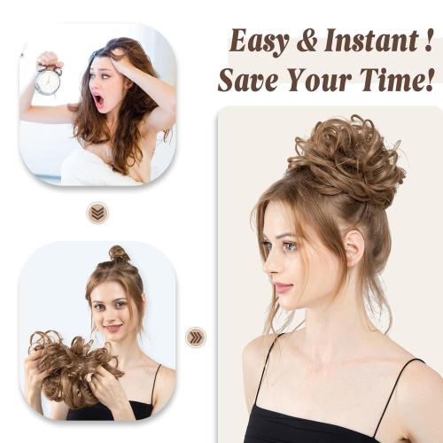 CJL HAIR Large Messy Bun Hair Piece Wavy Curly Scrunchies Synthetic Chignon Ponytail Hair Extensions Thick Updo Hairpieces for Women White