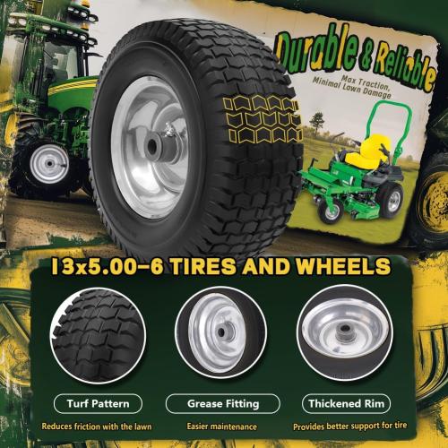 13x5.00-6 Flat Free Tire and Wheel Assemblies (2 Pack),13 x 5 x 6 Solid Rubbe Tires and Wheel for Riding Lawn Mower - With 3/4 Bushings (Extra 5/8 Bushings) and 3 Centered Hub (Gray)