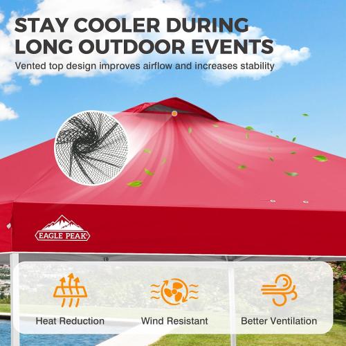 EAGLE PEAK Pop Up Canopy Tent with Wheeled Carry Bag, 8 Stakes, 4 Ropes, 4 Weight Bags, Easy Set Up Tent Canopy, 10x10 ft, 100sqft of Shade, Red