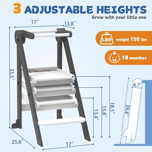 Foldable Toddler Tower, Toddler Kitchen Stool Helper with Safety Net, Wooden Kitchen Step Stool for Toddlers with Adjustable Height, Standing Tower for Learning and Cooking(Blue)