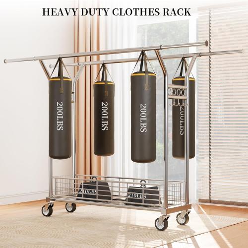 Heavy Duty Clothes Rack - Double Rod Clothing Racks for Hanging Clothes, Portable & Adjustable Garment Rack with Wheels, Rolling Clothes Rack Load 670LBS for Bedrooms, Laundry, Closet (Sliver)