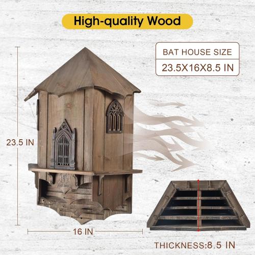 VIREESR Large Bat House for Outdoors,4-Chamber Castle Bat Box,200-Capacity | Cedar Wooden Bat House, Bat Boxes for Outside for Tree, 4 Chamber Design to Attract Bats, Weather-Resistant, Brown