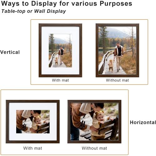 KINLINK 5x7 Picture Frame Brown Set of 4, Wooden Photo Frames Matted 4x6 with Plexiglass for 4x6 with Mat or 5x7 without Mat for Table and Wall Display