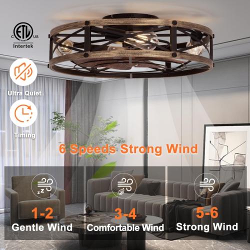 SHLUCE 22 Farmhouse Ceiling Fan with Light, Rustic Caged Bladeless Low Profile Ceiling Fans with Lights and Remote, Modern Flush Mount Ceiling Fans with Lights for Bedroom, Living Room - ETL