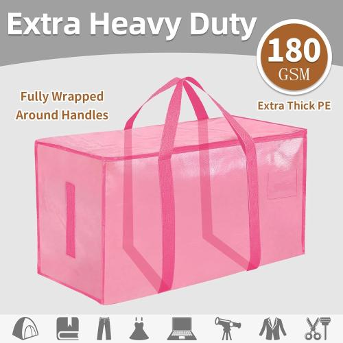 12 Pack-Extra Large Heavy Duty Moving Bags - Waterproof Storage Totes with Handles & Zippers, Foldable for College Dorm, Storage (Pink)