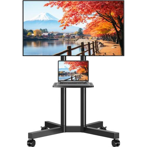 Rfiver Rolling TV Stand with Laptop Shelf, Mobile TV Stand with Upgraded Wheels for 32-75 Inch TVs, Height Adjustable Mobile TV Cart up to 88lbs, Portable TV Mount Stand for Outdoor, Home, Office