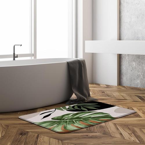 Abstract Tropical Bath Rug Boho Leaves Mid Century Modern Green Palm Leaf Botanical Nature Brown Black 18x30 InchBath Mat for Bathroom Kitchen Toilet